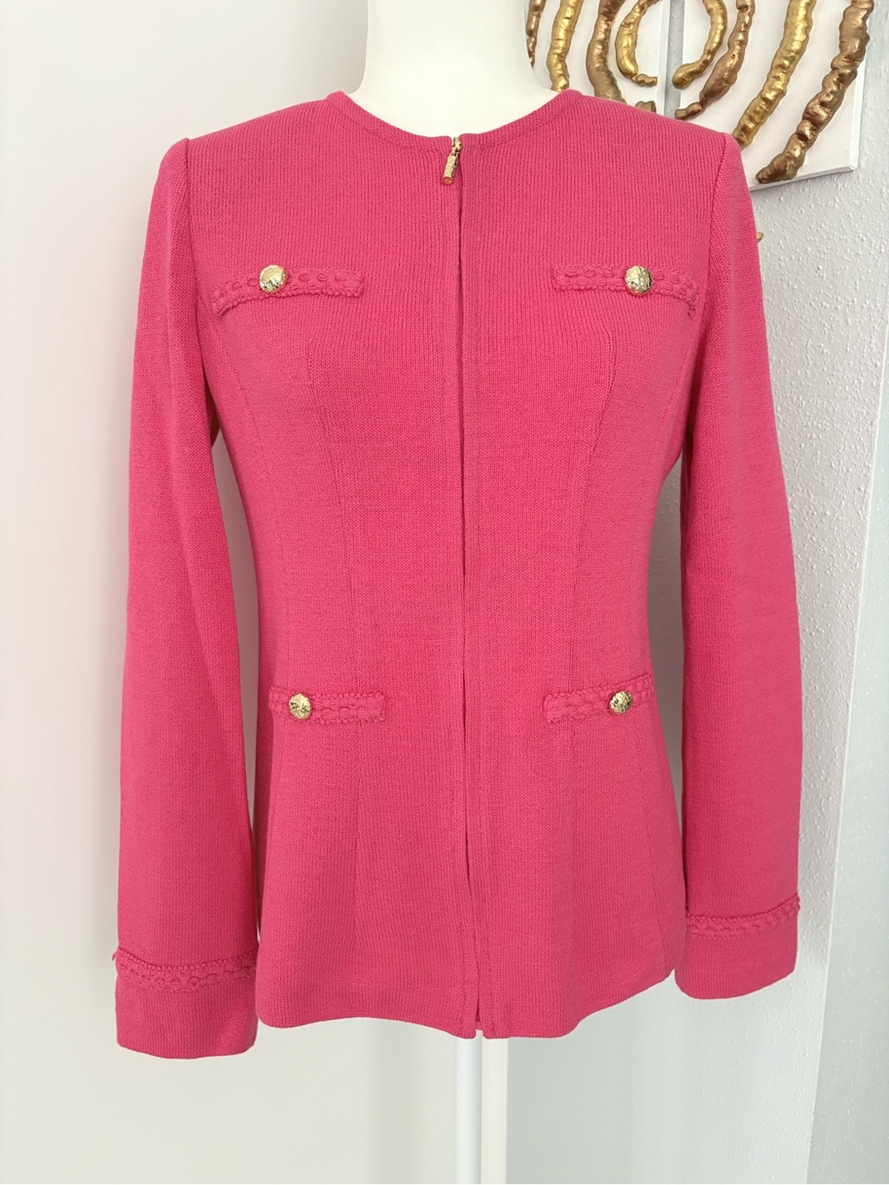 St. John Hot Pink Zip-Front Knit Blazer with Gold Buttons